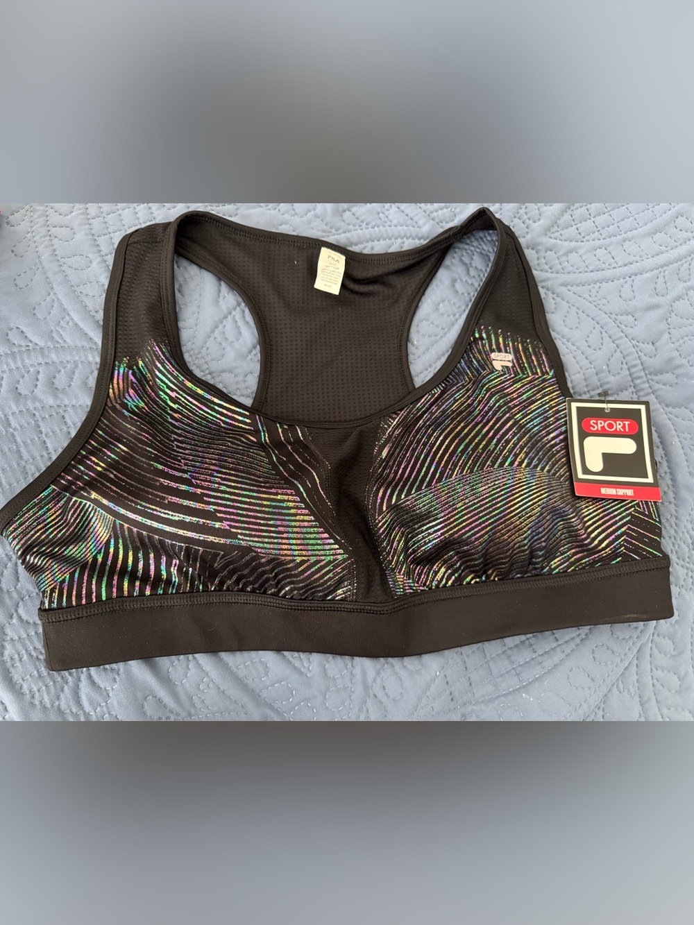 FILA Women’s Sport Black Holographic Racerback Padded Sports Bra Size XXL New